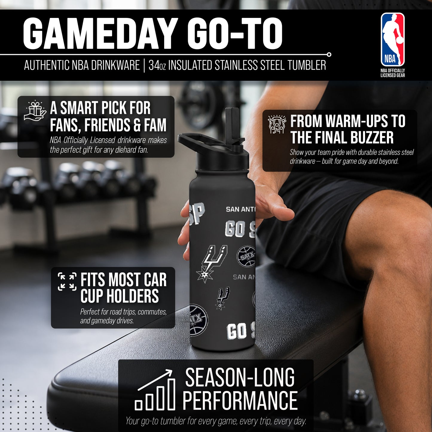 San Antonio Spurs NBA Basketball 34oz Stainless Steel Vacuum Insulated Game Day Water Bottle with Flip Straw Lid and Handle - Black