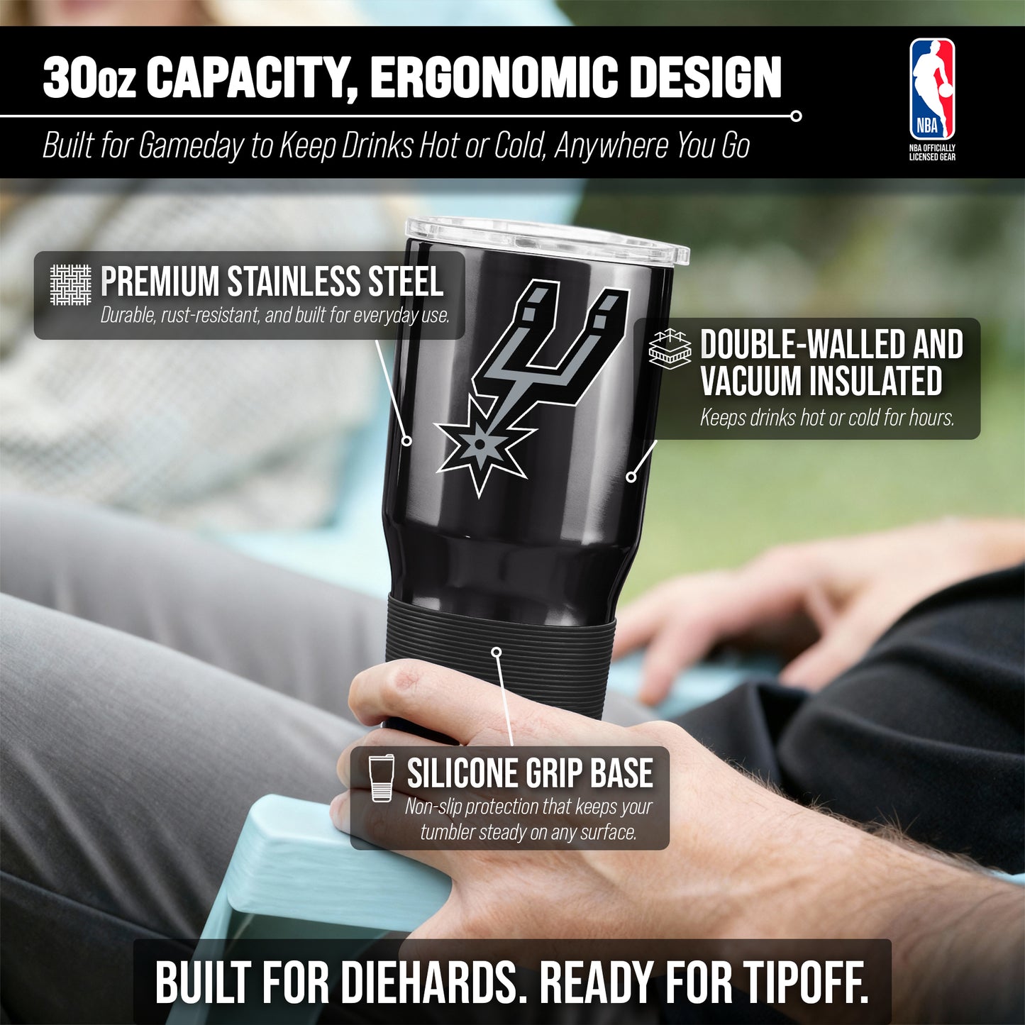 San Antonio Spurs NBA Basketball 30oz Stainless Steel Vacuum Insulated Game Day Tumbler with Silicone Grip - Black