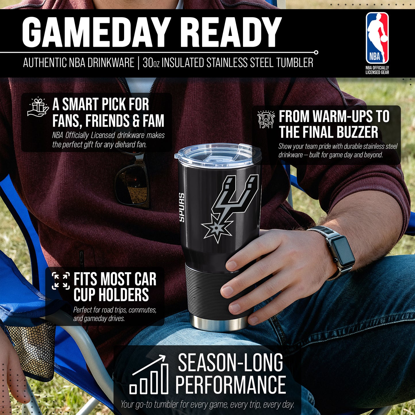 San Antonio Spurs NBA Basketball 30oz Stainless Steel Vacuum Insulated Game Day Tumbler with Silicone Grip - Black