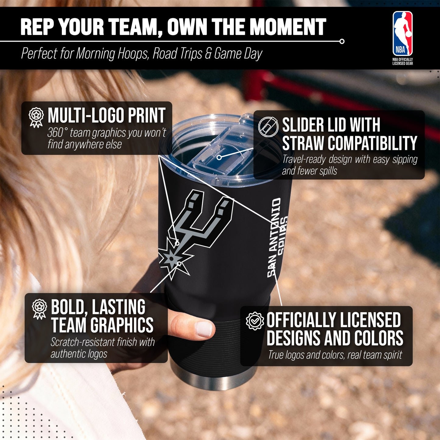 San Antonio Spurs NBA Basketball 30oz Stainless Steel Vacuum Insulated Game Day Tumbler with Silicone Grip - Black