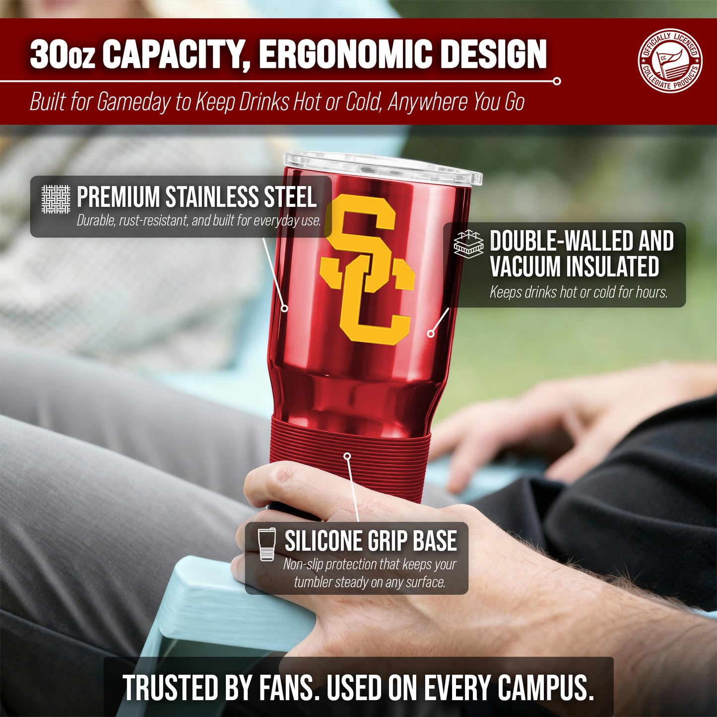 USC Trojans NCAA University 30oz Stainless Steel Vacuum Insulated Game Day Tumbler with Silicone Grip - Cardinal