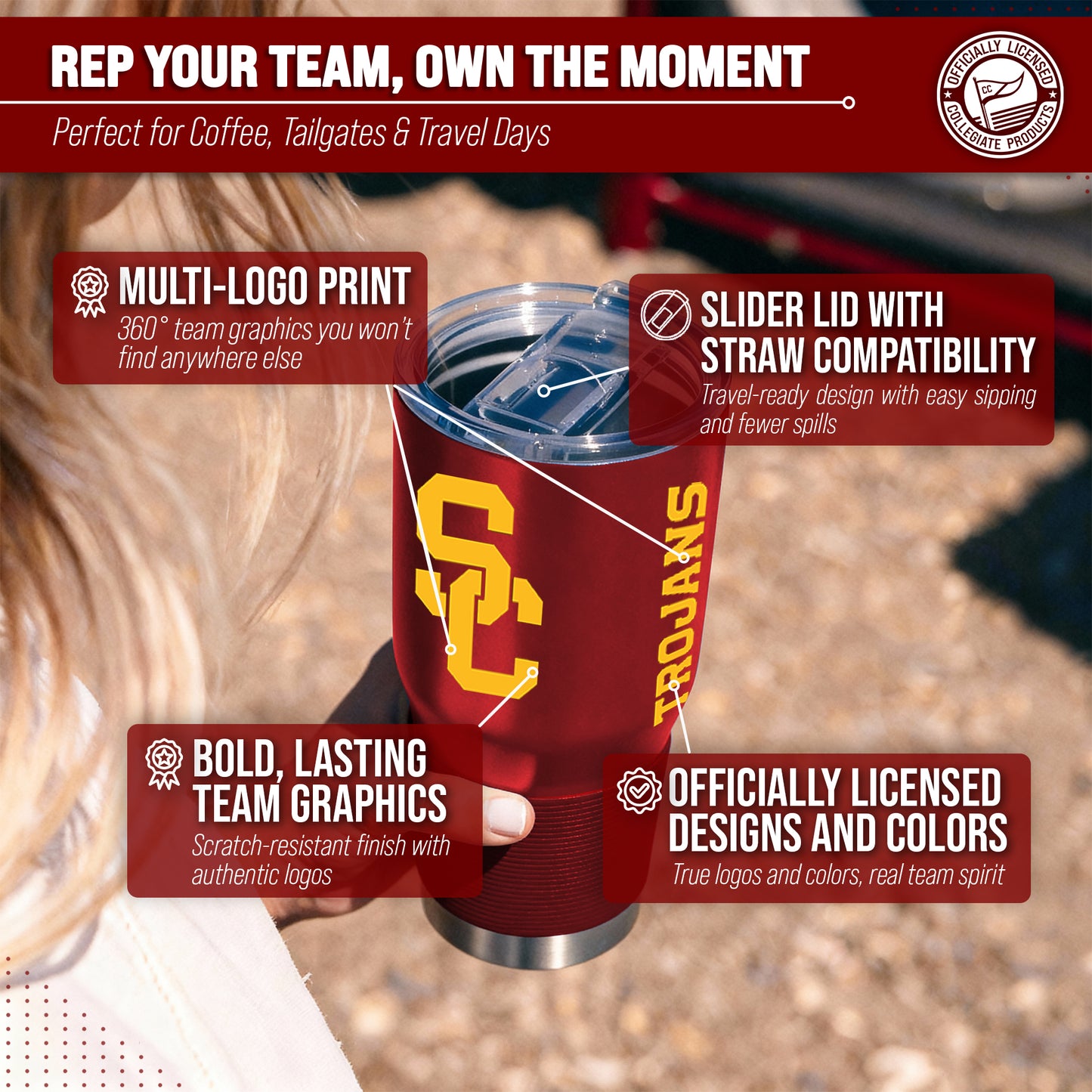 USC Trojans NCAA University 30oz Stainless Steel Vacuum Insulated Game Day Tumbler with Silicone Grip - Cardinal