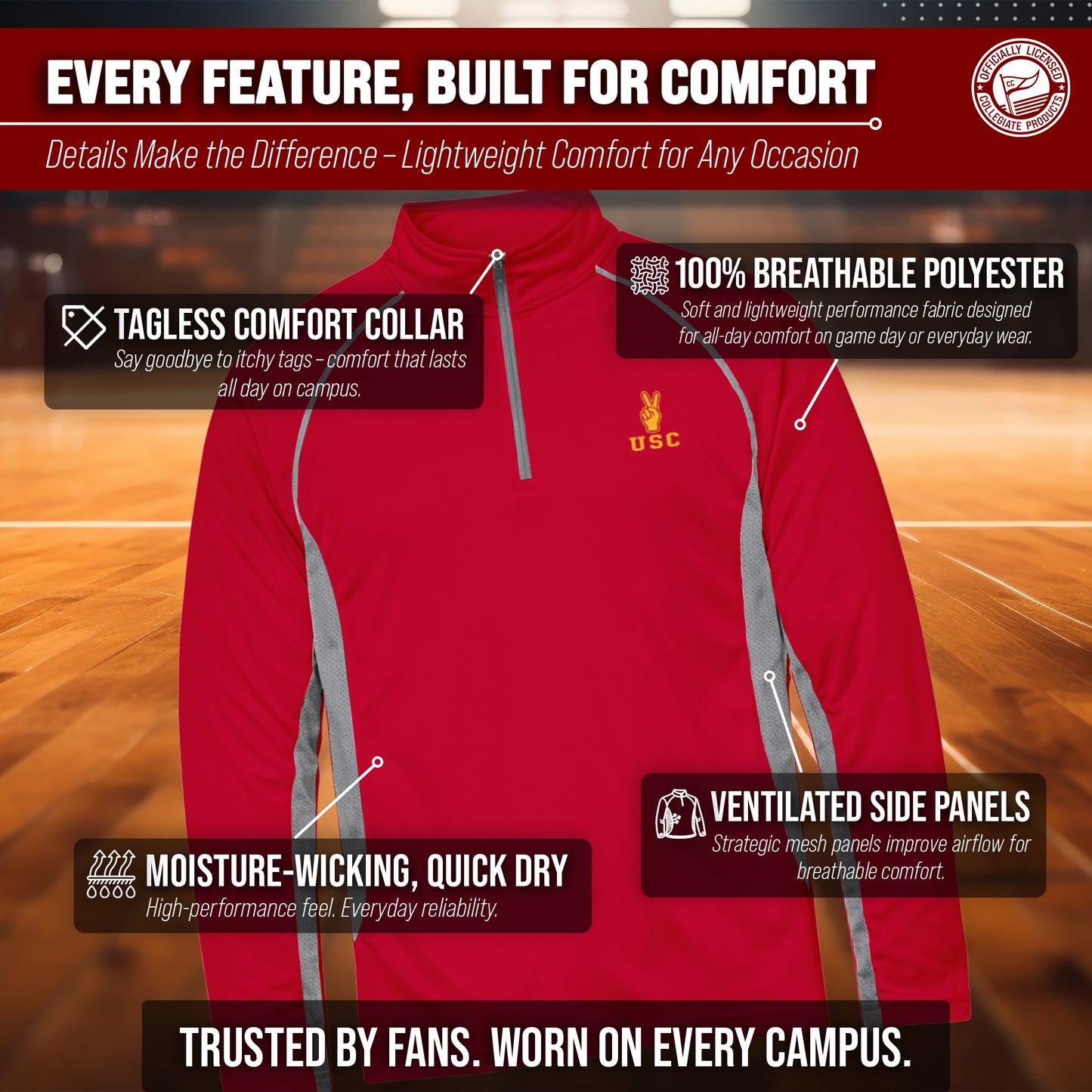 USC Trojans Mens NCAA Campus Classic Long Sleeve 1/4 Zip Windshirt - Cardinal