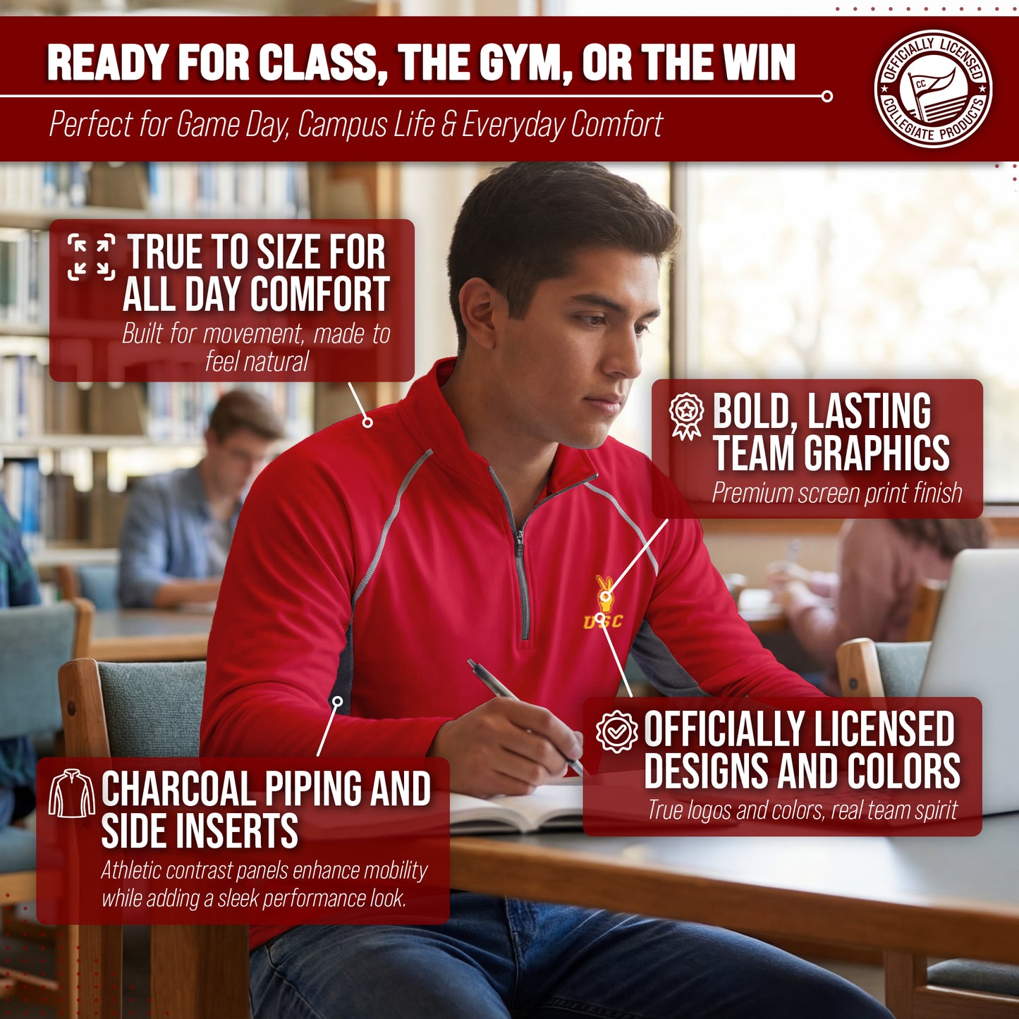 USC Trojans Mens NCAA Campus Classic Long Sleeve 1/4 Zip Windshirt - Cardinal