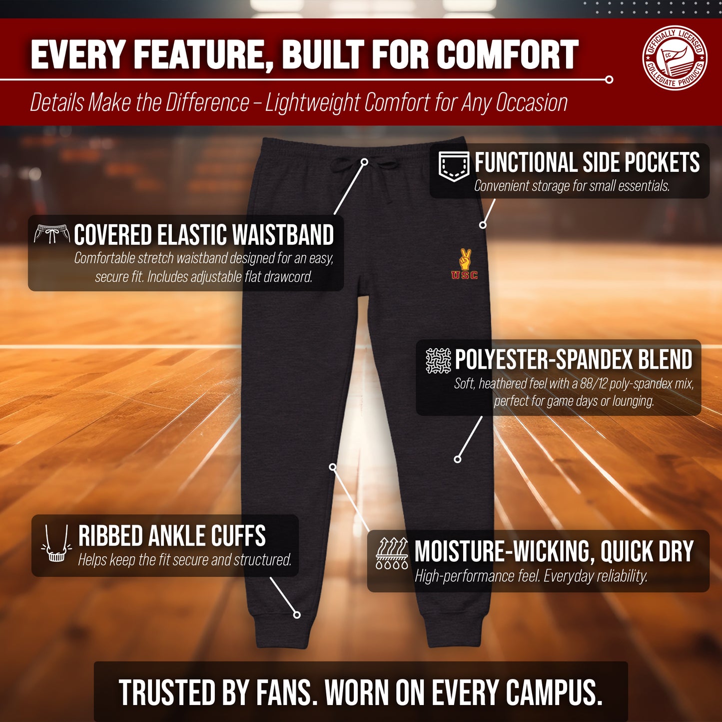 USC Trojans NCAA Men’s University Cloud Jersey Performance Jogger Pants with Drawstring Waistband - Black Heather