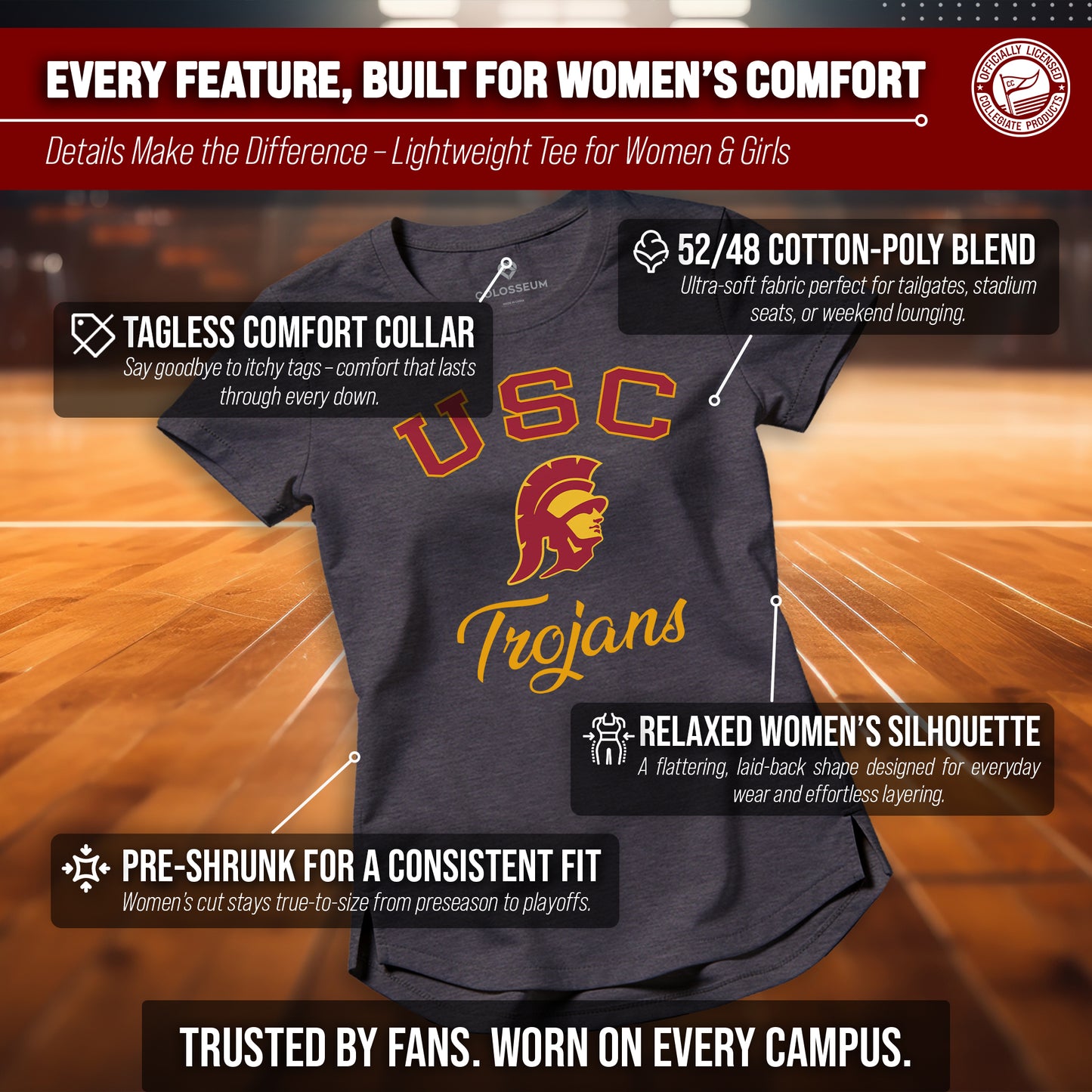 USC Trojans NCAA Womens Tag-Less Ultra Soft Tailgate T-Shirt - Black Heather