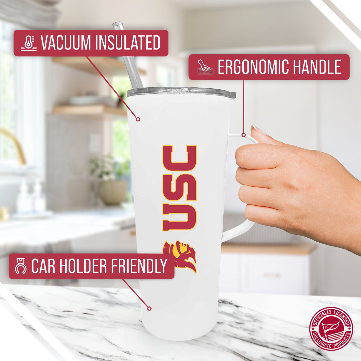 USC Trojans NCAA Stainless Steel 20oz Roadie With Handle & Dual Option Lid With Straw - White
