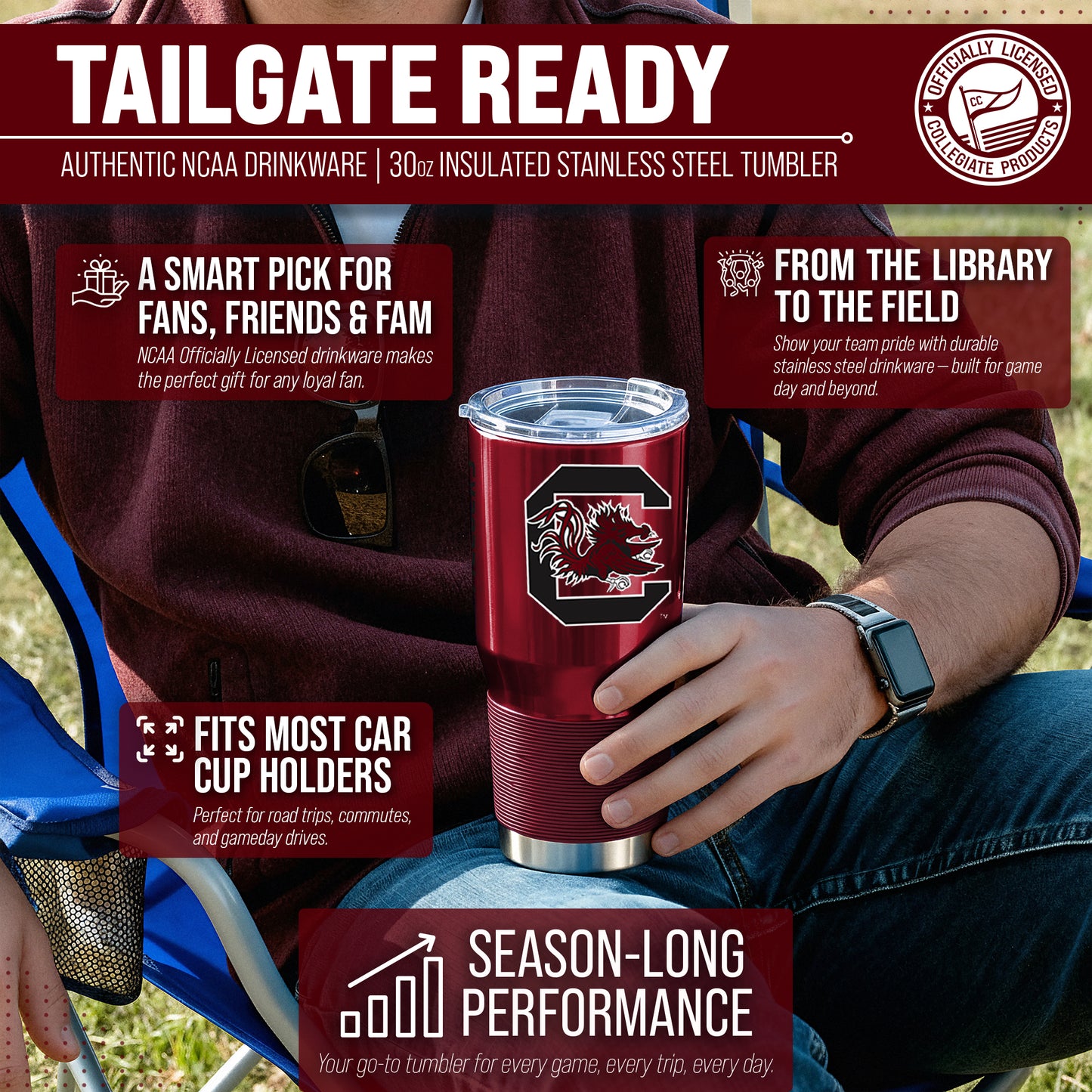 South Carolina Gamecocks NCAA University 30oz Stainless Steel Vacuum Insulated Game Day Tumbler with Silicone Grip - Garnet