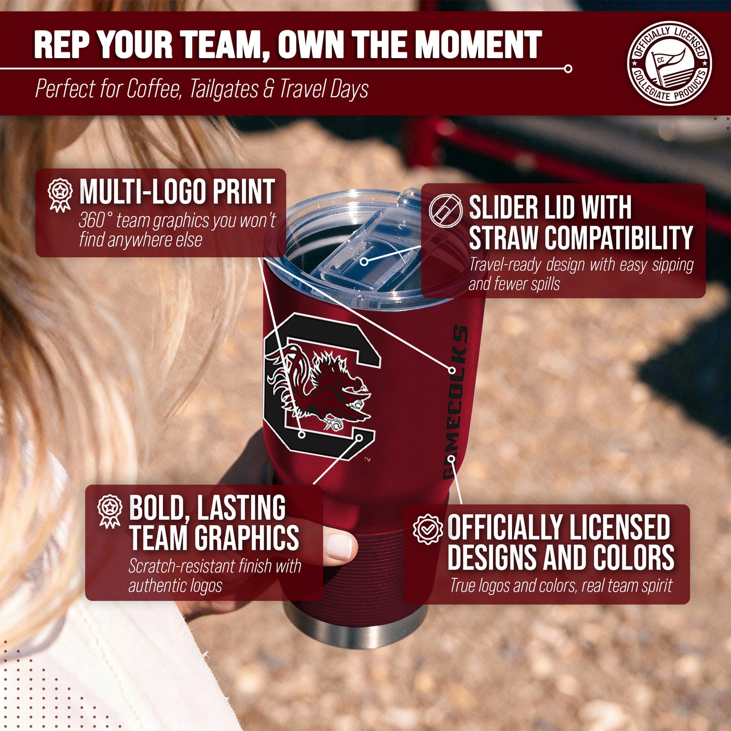 South Carolina Gamecocks NCAA University 30oz Stainless Steel Vacuum Insulated Game Day Tumbler with Silicone Grip - Garnet