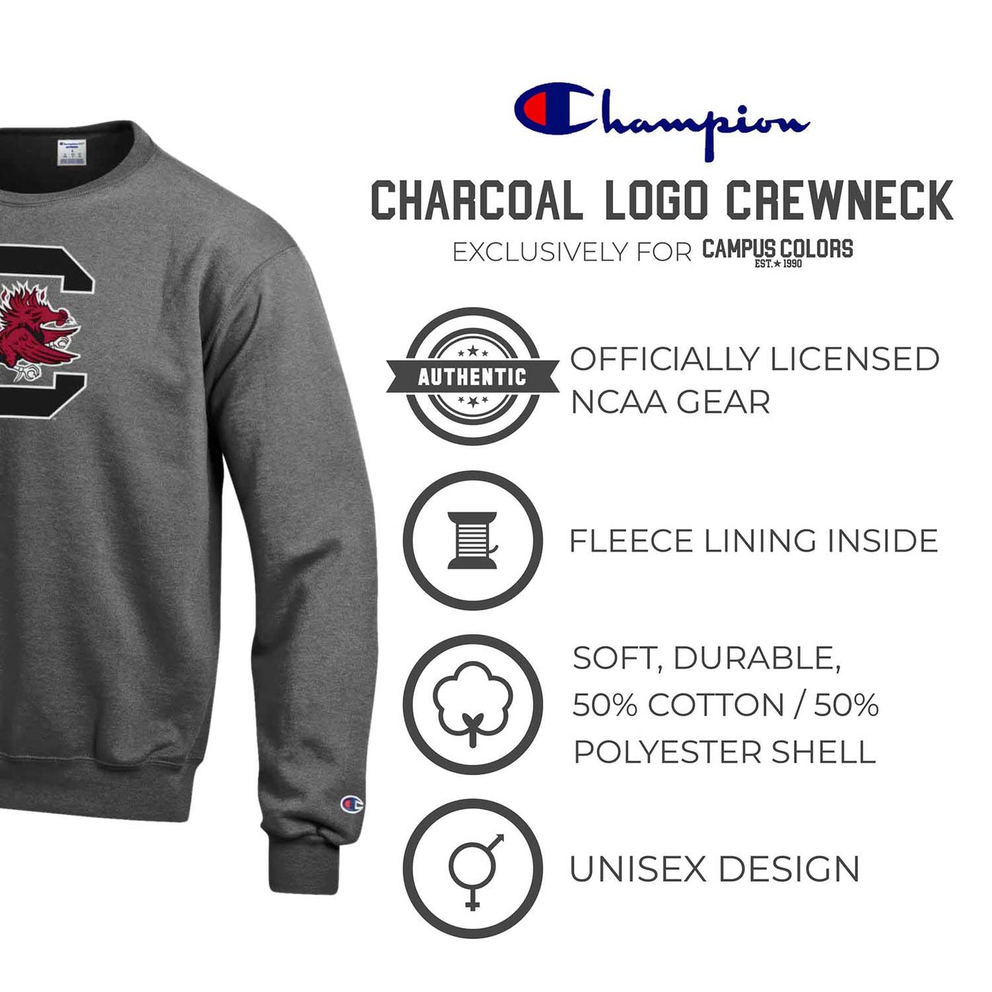 South Carolina Gamecocks Adult Mascot Fleece Crewneck - Charcoal