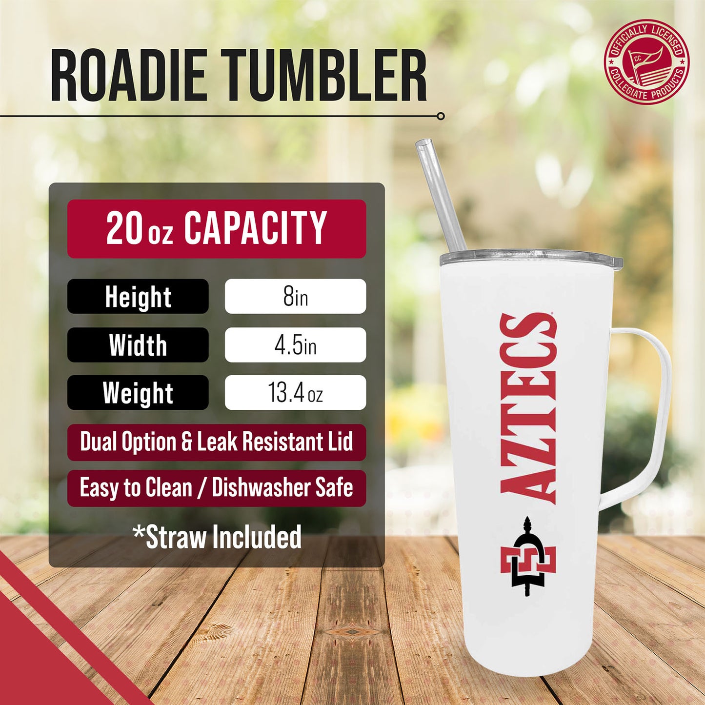San Diego State Aztecs NCAA Stainless Steel 20oz Roadie With Handle & Dual Option Lid With Straw - White