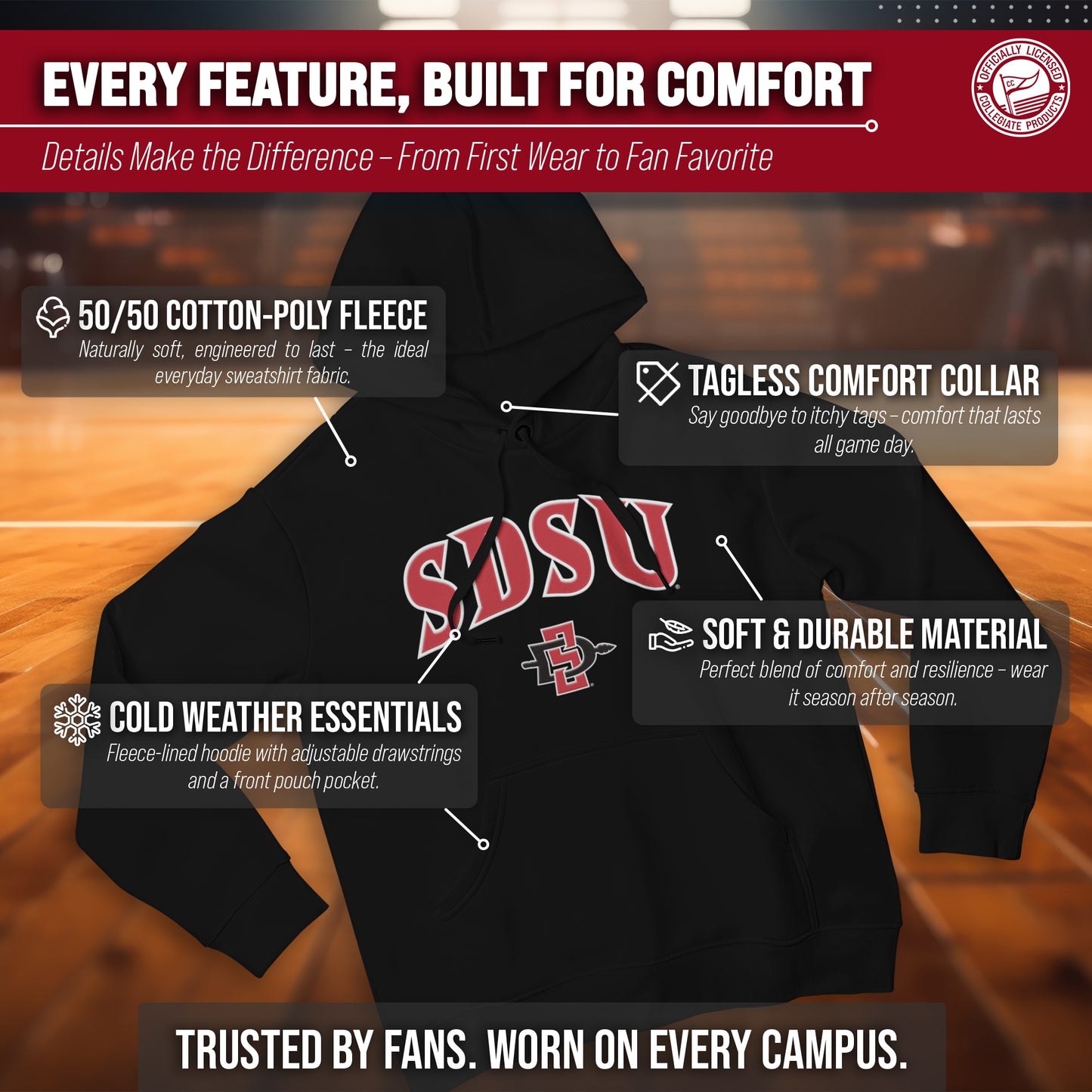 San Diego State Aztecs NCAA Adult Tackle Twill Hooded Sweatshirt - Black