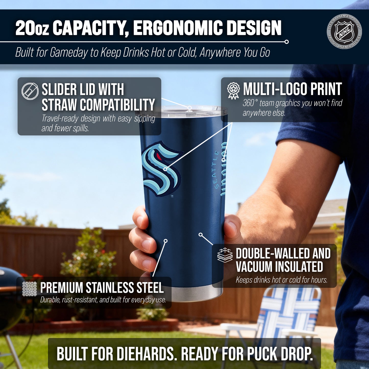 Seattle Kraken NHL Hockey 20oz Stainless Steel Vacuum Insulated Game Day Tumbler with Silicone Grip - Navy