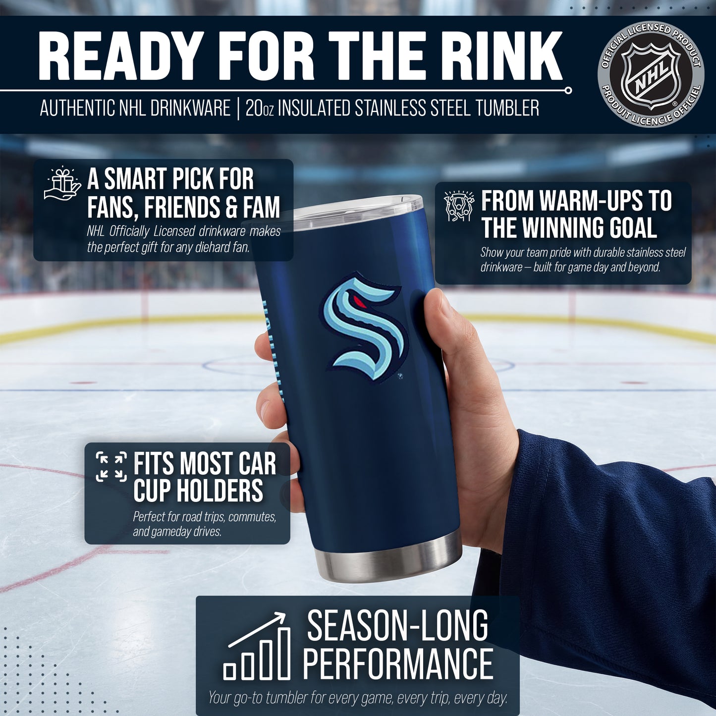 Seattle Kraken NHL Hockey 20oz Stainless Steel Vacuum Insulated Game Day Tumbler with Silicone Grip - Navy