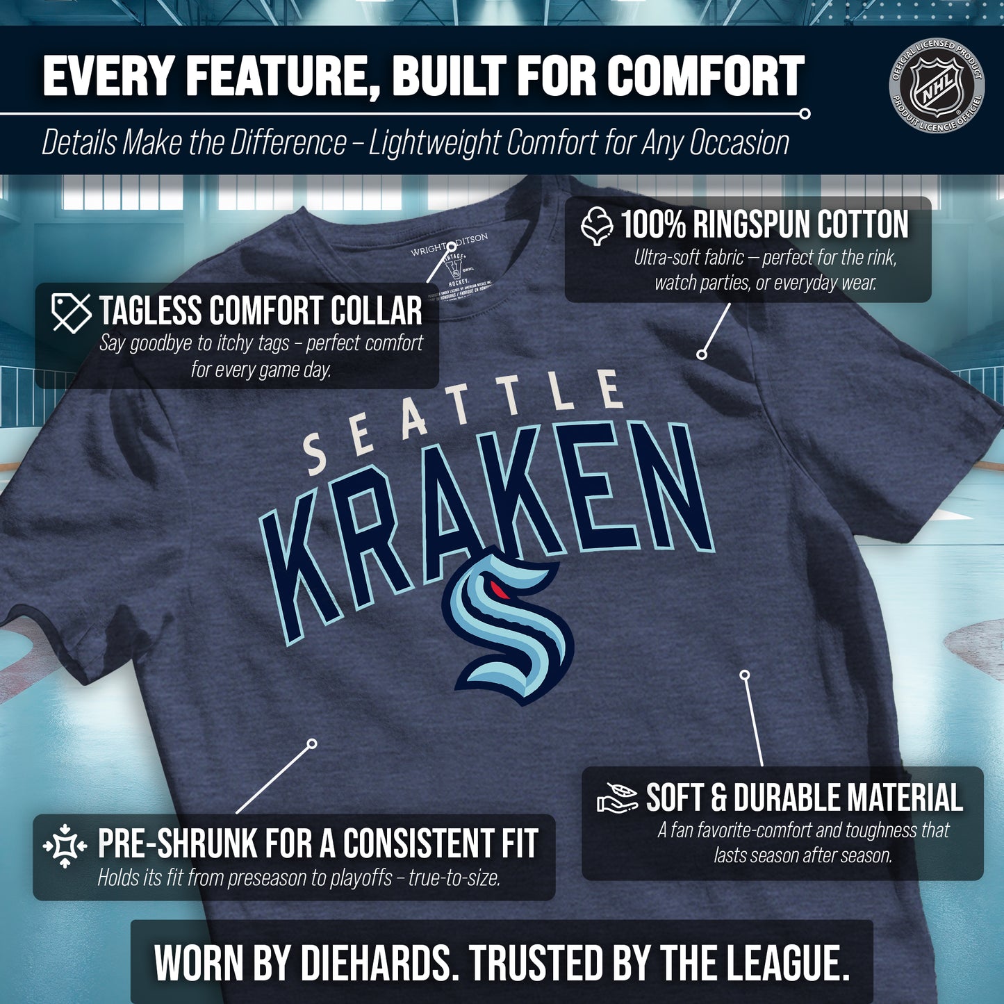 Seattle Kraken NHL Adult Powerplay Heathered Unisex T-Shirt - Navy