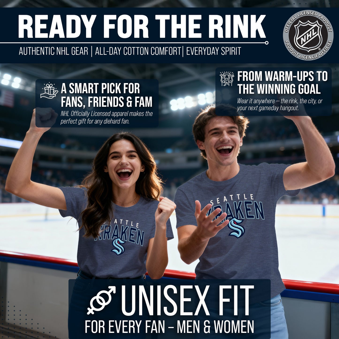 Seattle Kraken NHL Adult Powerplay Heathered Unisex T-Shirt - Navy