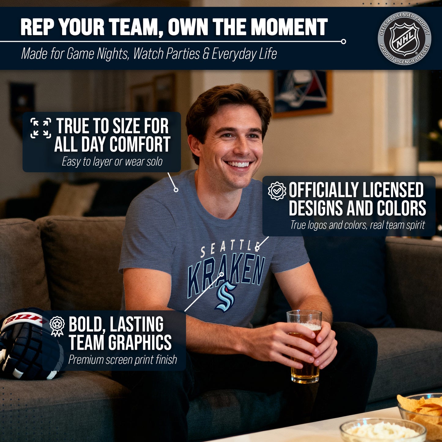Seattle Kraken NHL Adult Powerplay Heathered Unisex T-Shirt - Navy