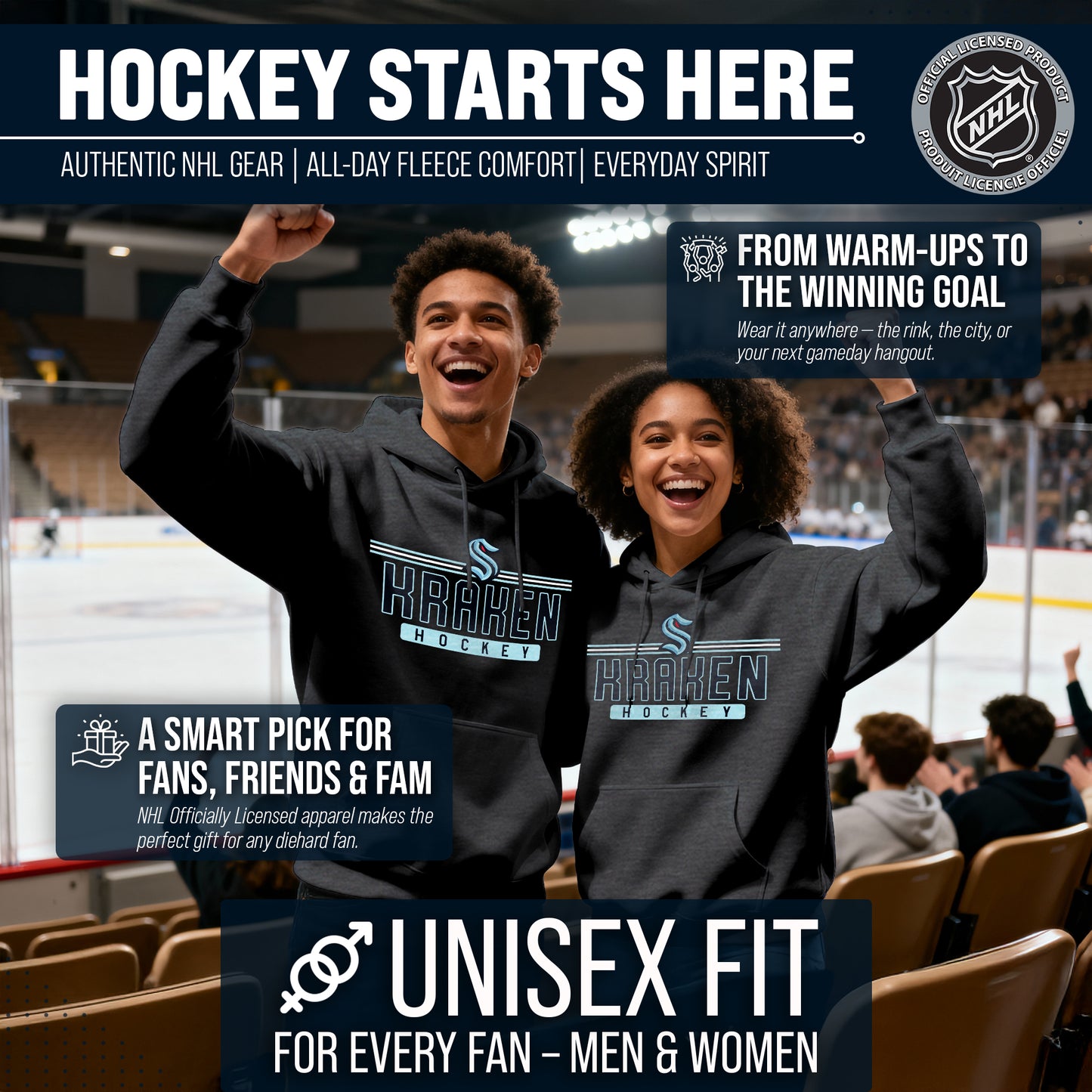 Seattle Kraken NHL Adult Heather Charcoal True Fan Hooded Sweatshirt Unisex - Charcoal