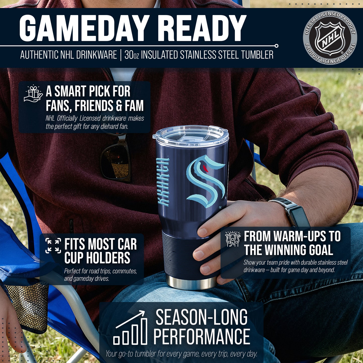 Seattle Kraken NHL Hockey 30oz Stainless Steel Vacuum Insulated Game Day Tumbler with Silicone Grip - Navy