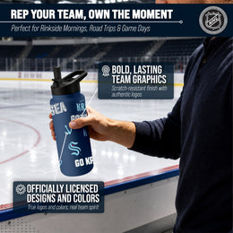 Seattle Kraken NHL Hockey 34oz Stainless Steel Vacuum Insulated Game Day Water Bottle with Flip Straw Lid and Handle - Navy