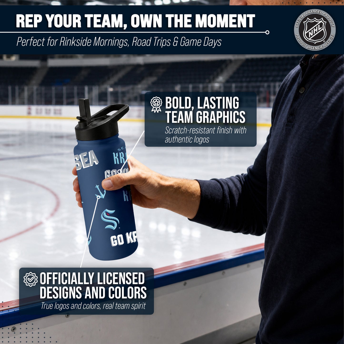 Seattle Kraken NHL Hockey 34oz Stainless Steel Vacuum Insulated Game Day Water Bottle with Flip Straw Lid and Handle - Navy