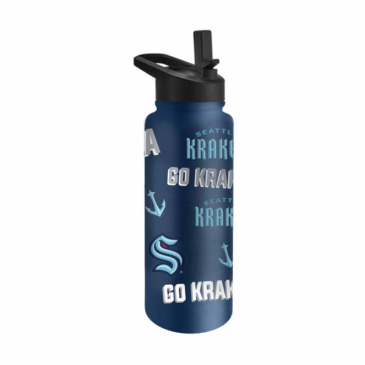 Seattle Kraken NHL Hockey 34oz Stainless Steel Vacuum Insulated Game Day Water Bottle with Flip Straw Lid and Handle - Navy
