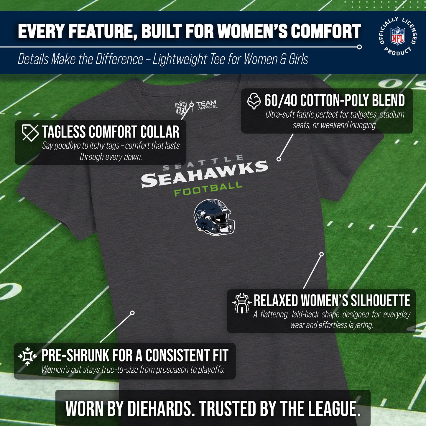 Seattle Seahawks Women's NFL Football Helmet Short Sleeve Tagless T-Shirt - Charcoal