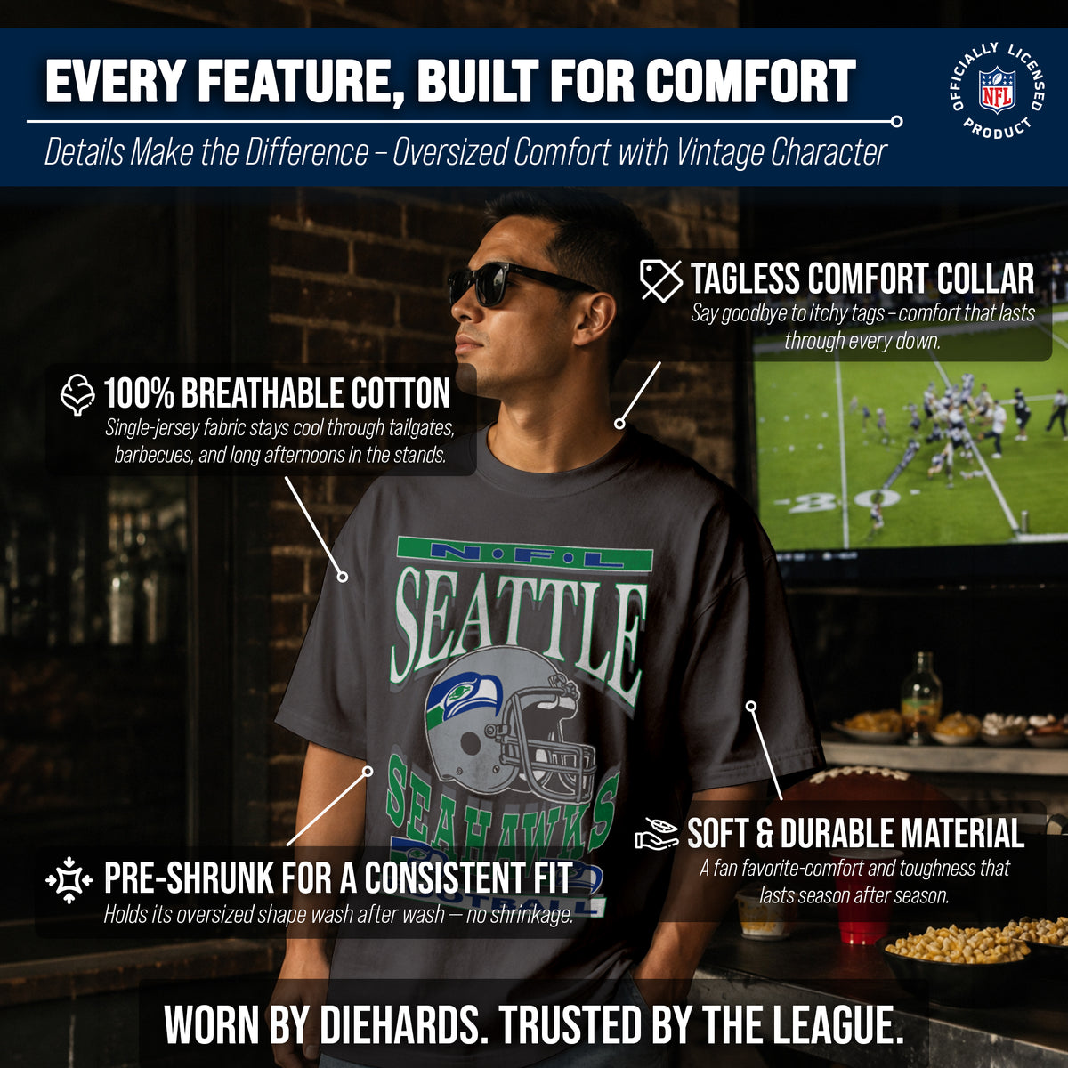 Seattle Seahawks  NFL Franchise Oversized Cotton Tee Men Fan Short Sleeve - Black