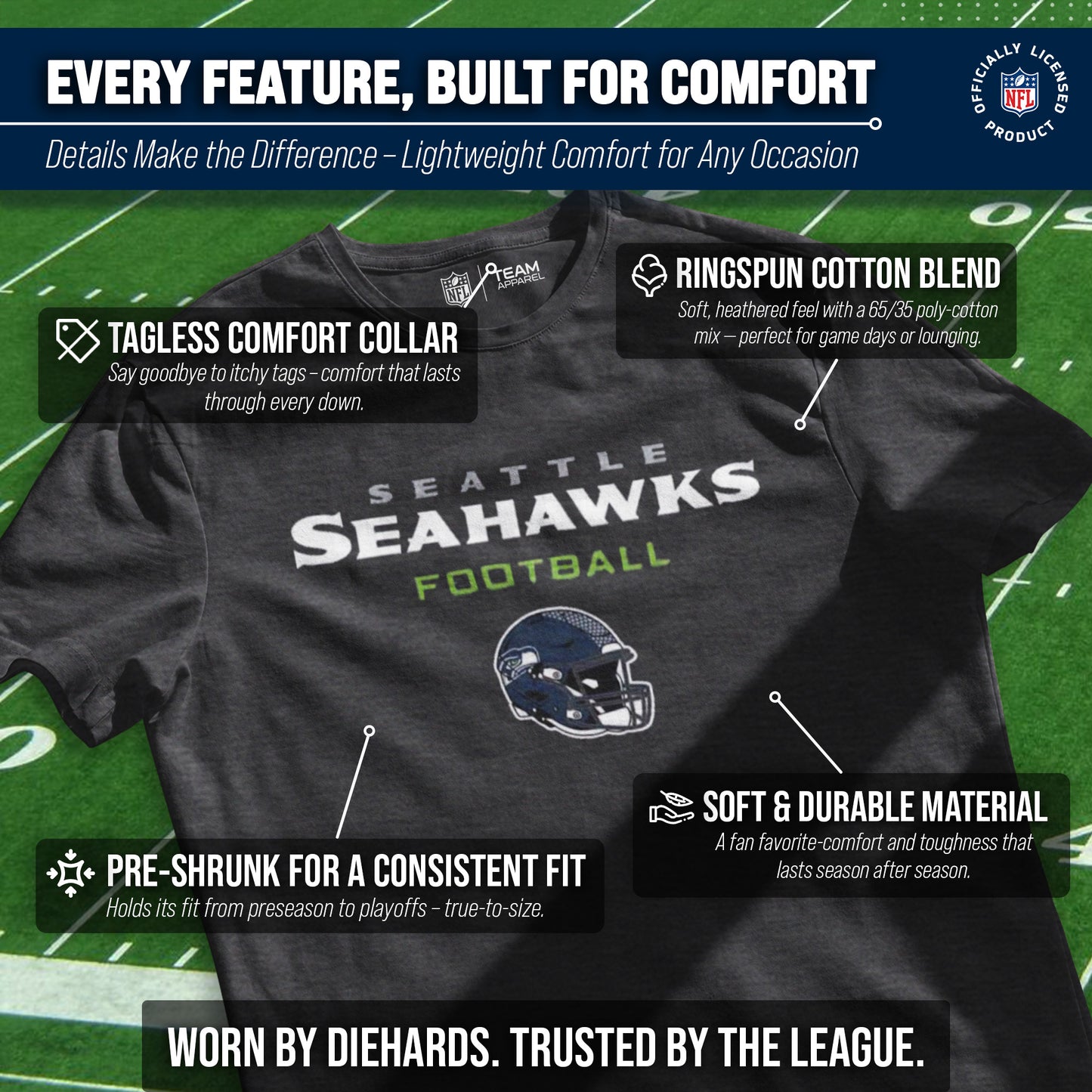 Seattle Seahawks NFL Adult Football Helmet Tagless T-Shirt - Charcoal