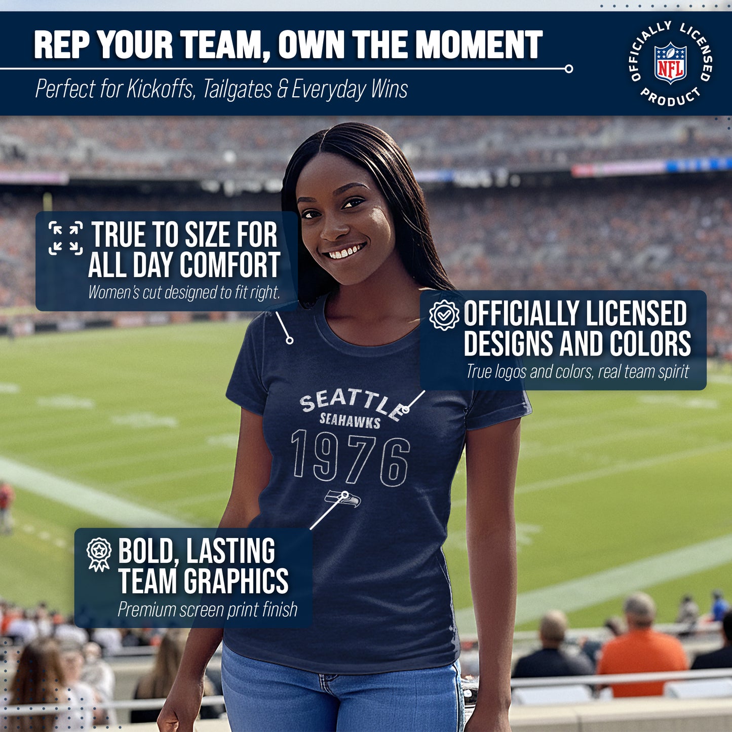 Seattle Seahawks NFL Womens Big Date Tag-Less T-Shirt - Navy