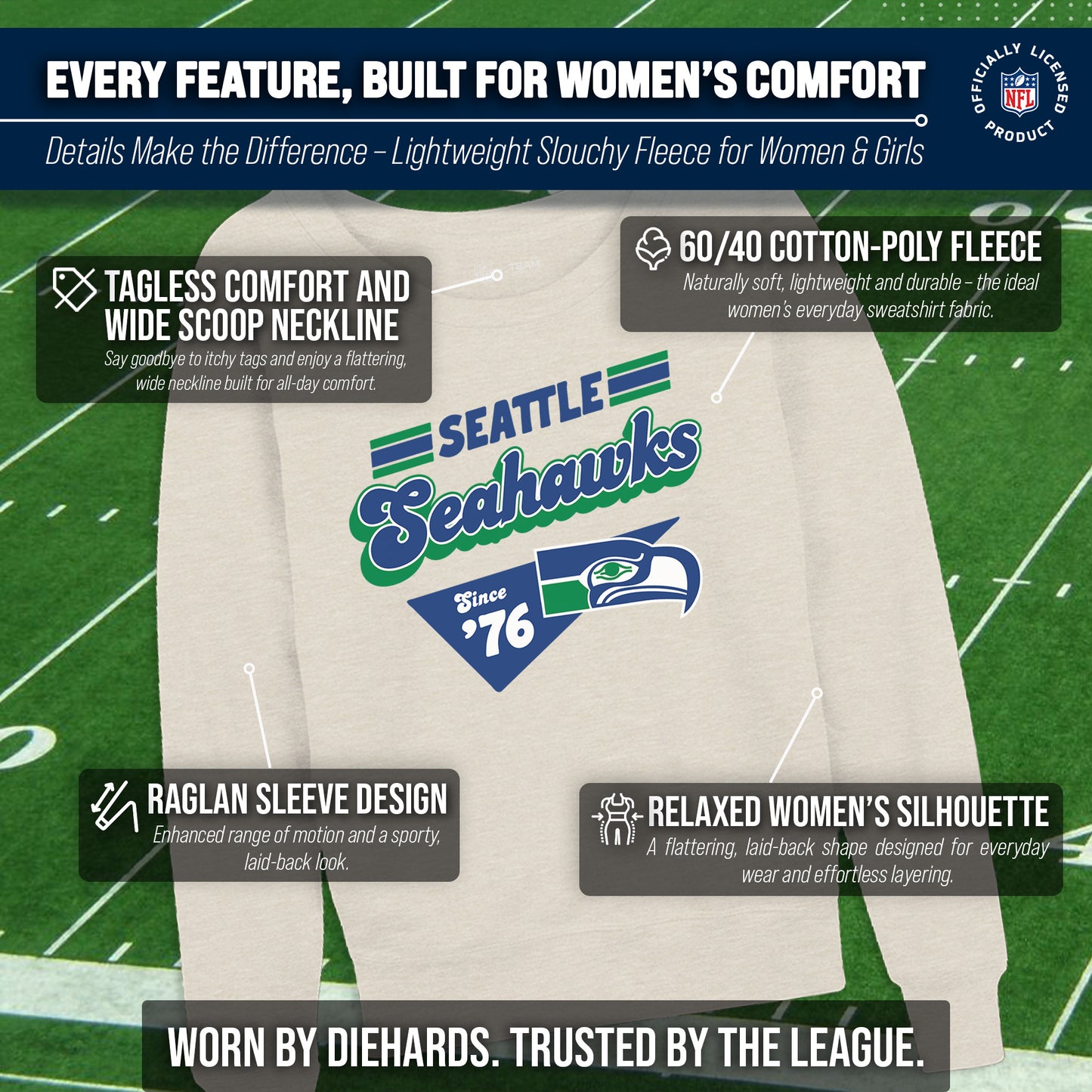 Seattle Seahawks NFL Womens Vintage Charm French Terry Slouchy Top - Birch