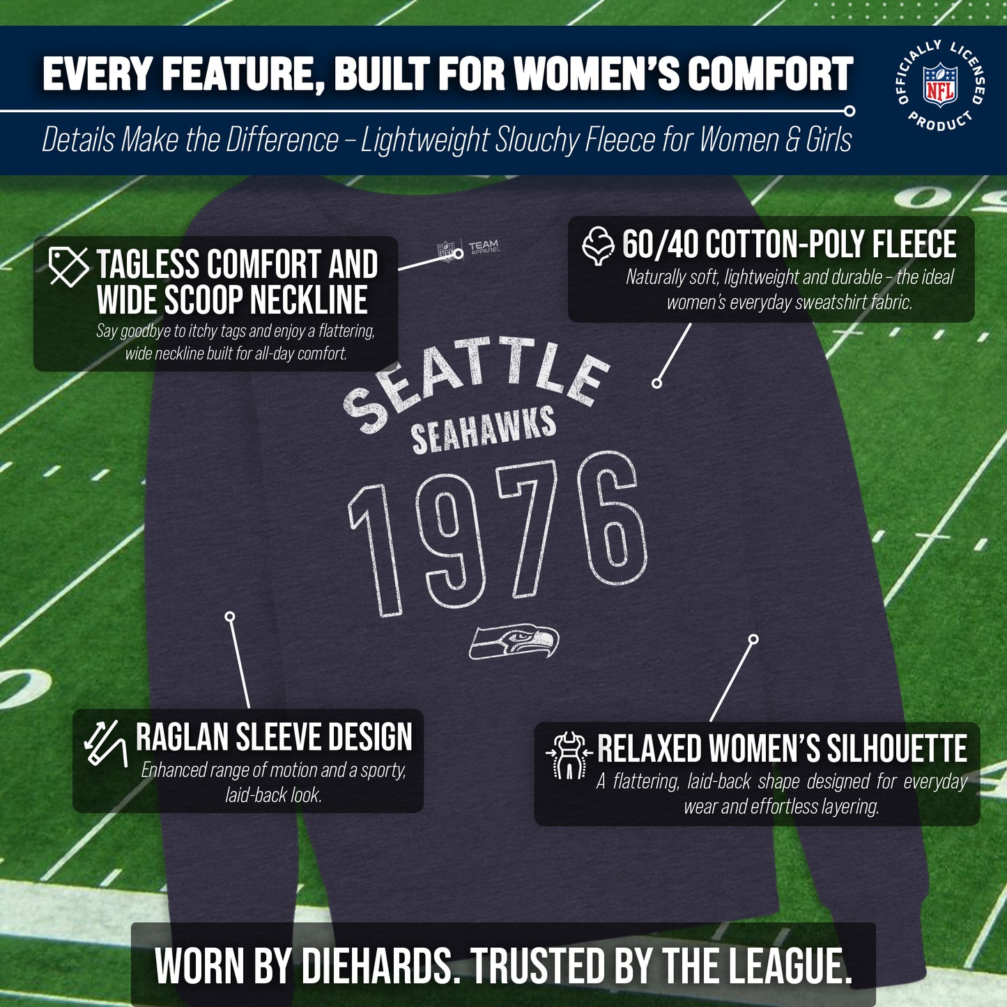 Seattle Seahawks NFL Womens Big Date French Terry Slouchy Top - Navy Heather