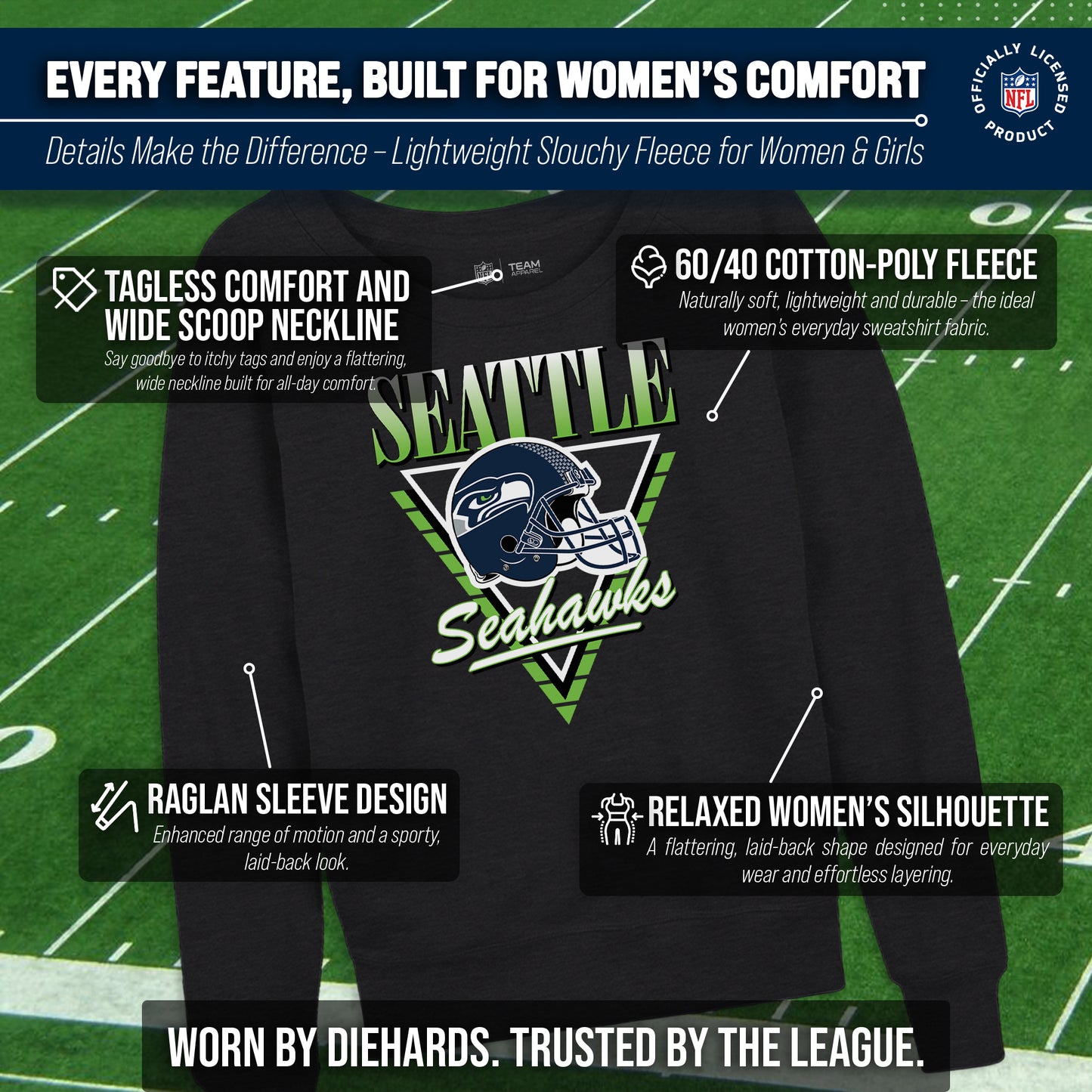 Seattle Seahawks NFL Womens Retro Triangle French Terry Slouchy Top- Raglan Sleeves - Heather Charcoal