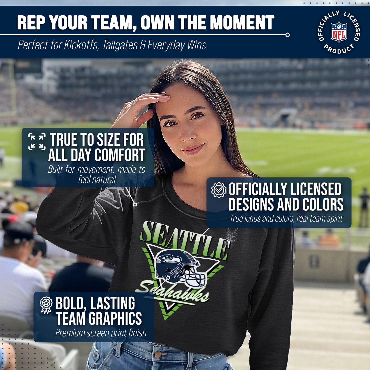 Seattle Seahawks NFL Womens Retro Triangle French Terry Slouchy Top- Raglan Sleeves - Heather Charcoal
