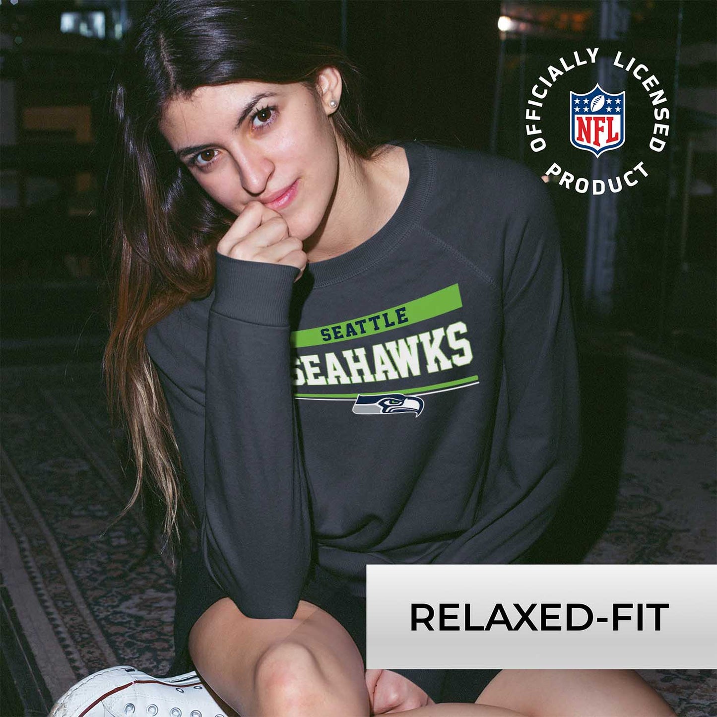 Seattle Seahawks NFL Womens Team Block French Terry Slouchy Top - Charcoal