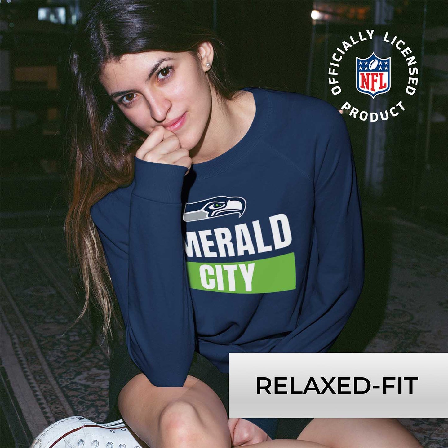 Seattle Seahawks NFL Womens Plus Size Team Slogan Crew Neck - Navy