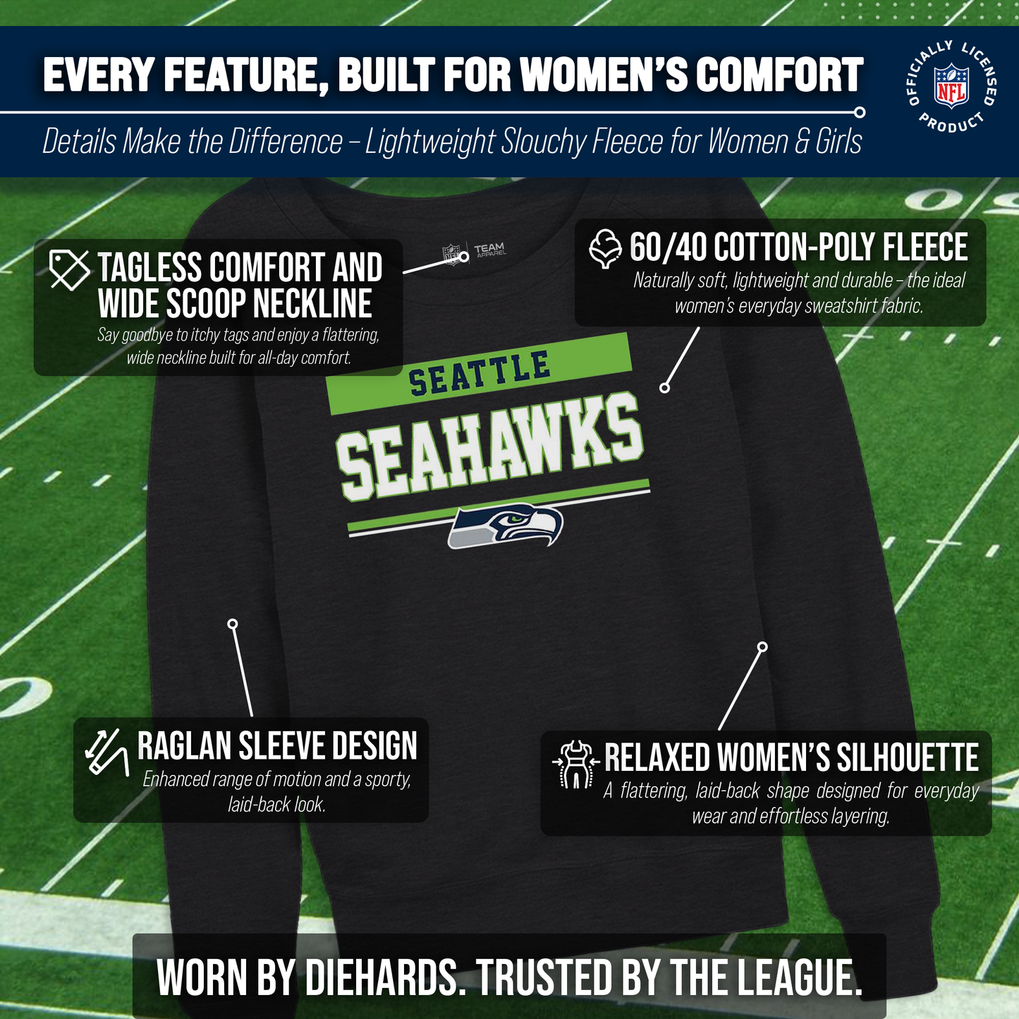 Seattle Seahawks NFL Womens Team Block French Terry Slouchy Top - Charcoal