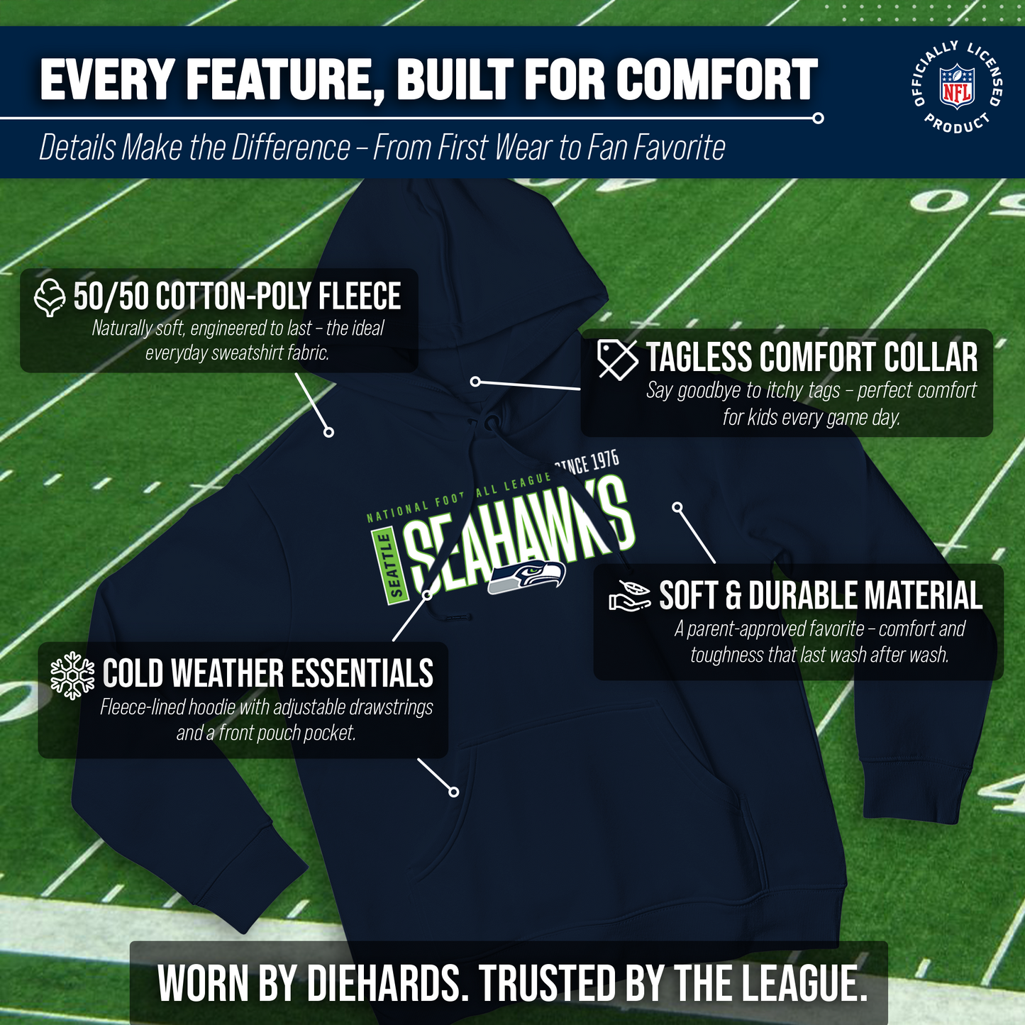 Seattle Seahawks NFL Adult Unisex Modern Endzone Soft Fleece Hooded Sweatshirt - Navy