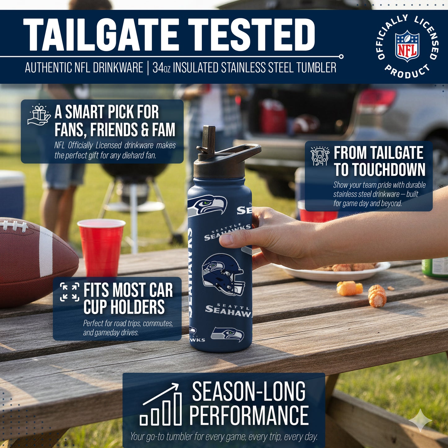Seattle Seahawks NFL 34oz Quencher Stainless Steel Insulated Water Bottle - Navy