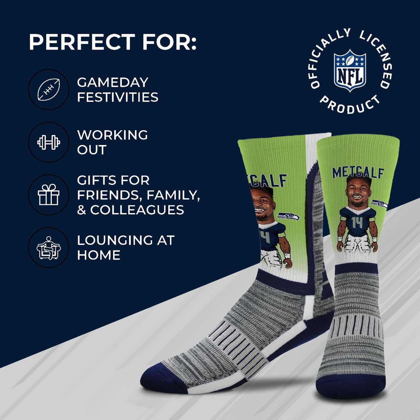 Seattle Seahawks FBF NFL Youth V Curve MVP DK Metcalf Player Crew Socks - Lime Green #14