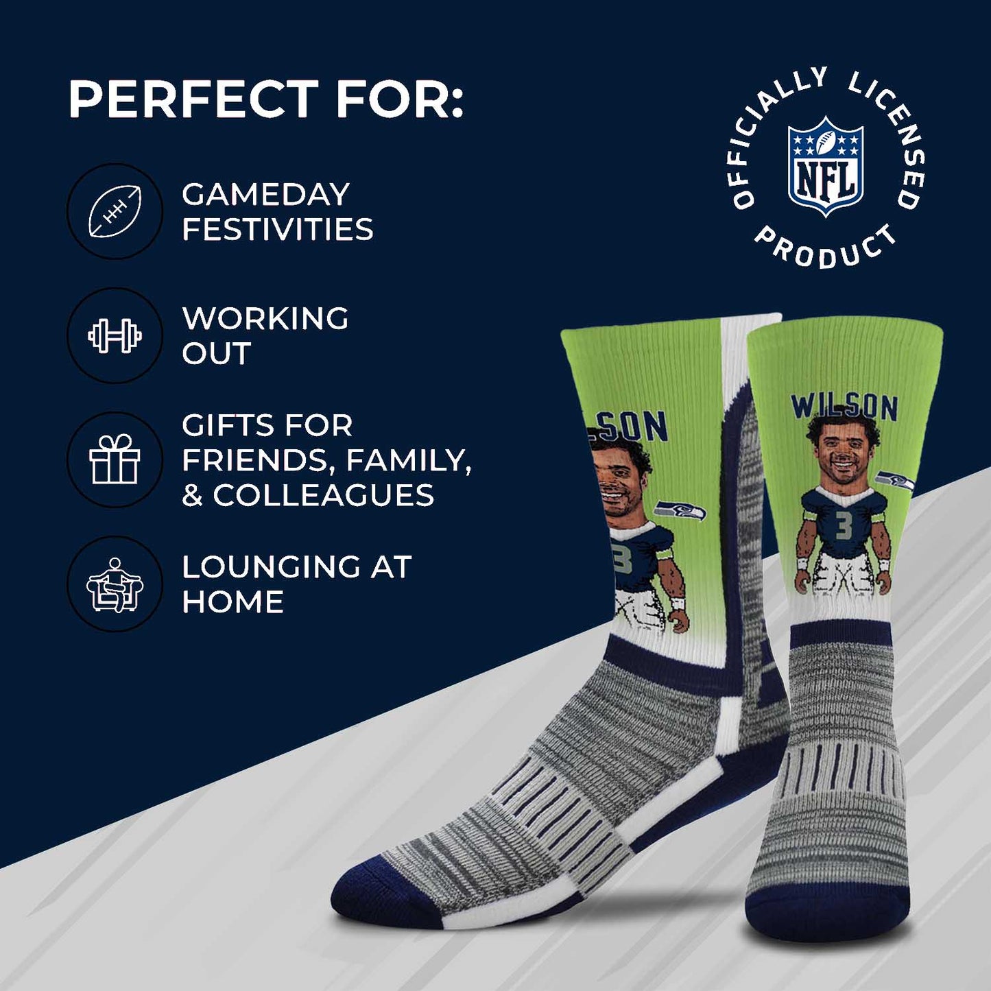 Seattle Seahawks FBF NFL Youth V Curve MVP Russell Wilson Player Crew Socks - Lime Green