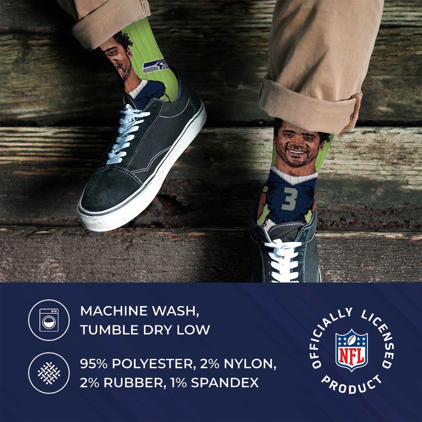 Seattle Seahawks FBF NFL Youth V Curve MVP Russell Wilson Player Crew Socks - Lime Green