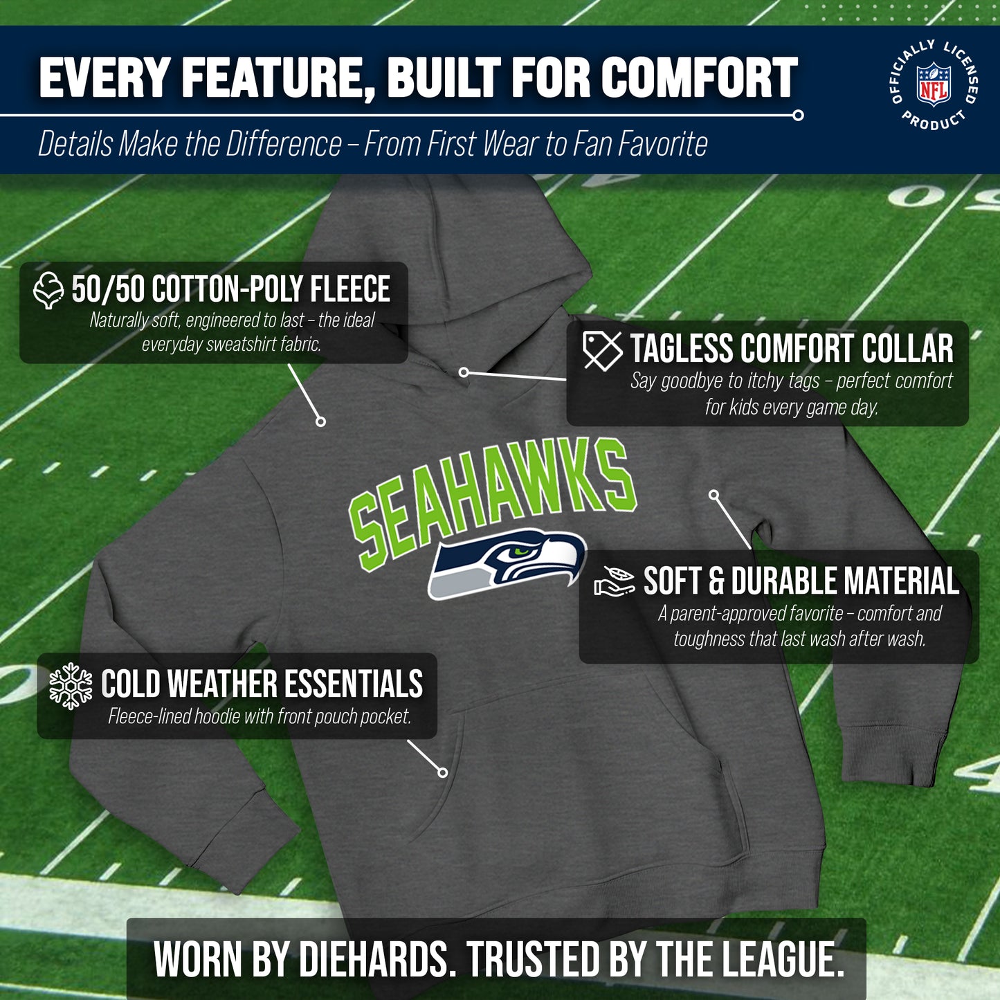 Seattle Seahawks NFL Youth Home Team Hoodie- Kids Hooded Sweatshirt - Sport Gray