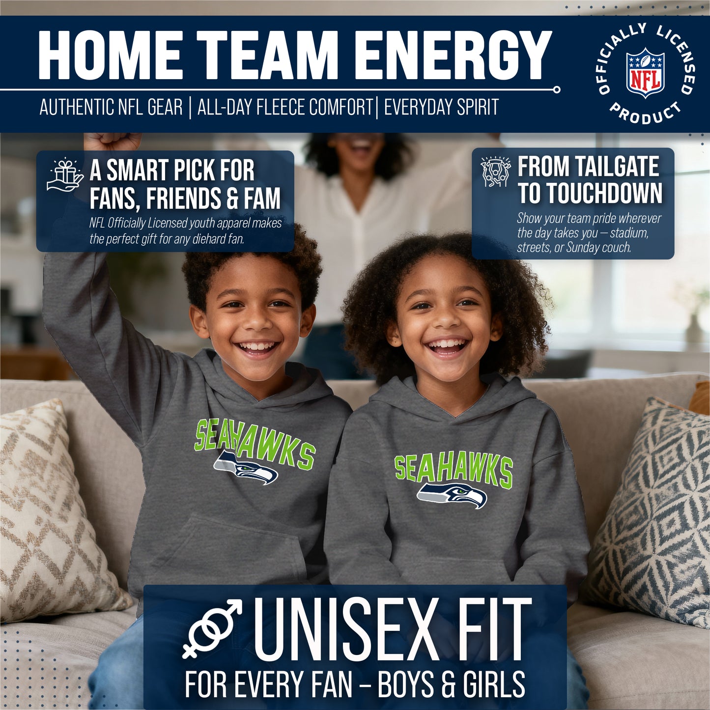 Seattle Seahawks NFL Youth Home Team Hoodie- Kids Hooded Sweatshirt - Sport Gray