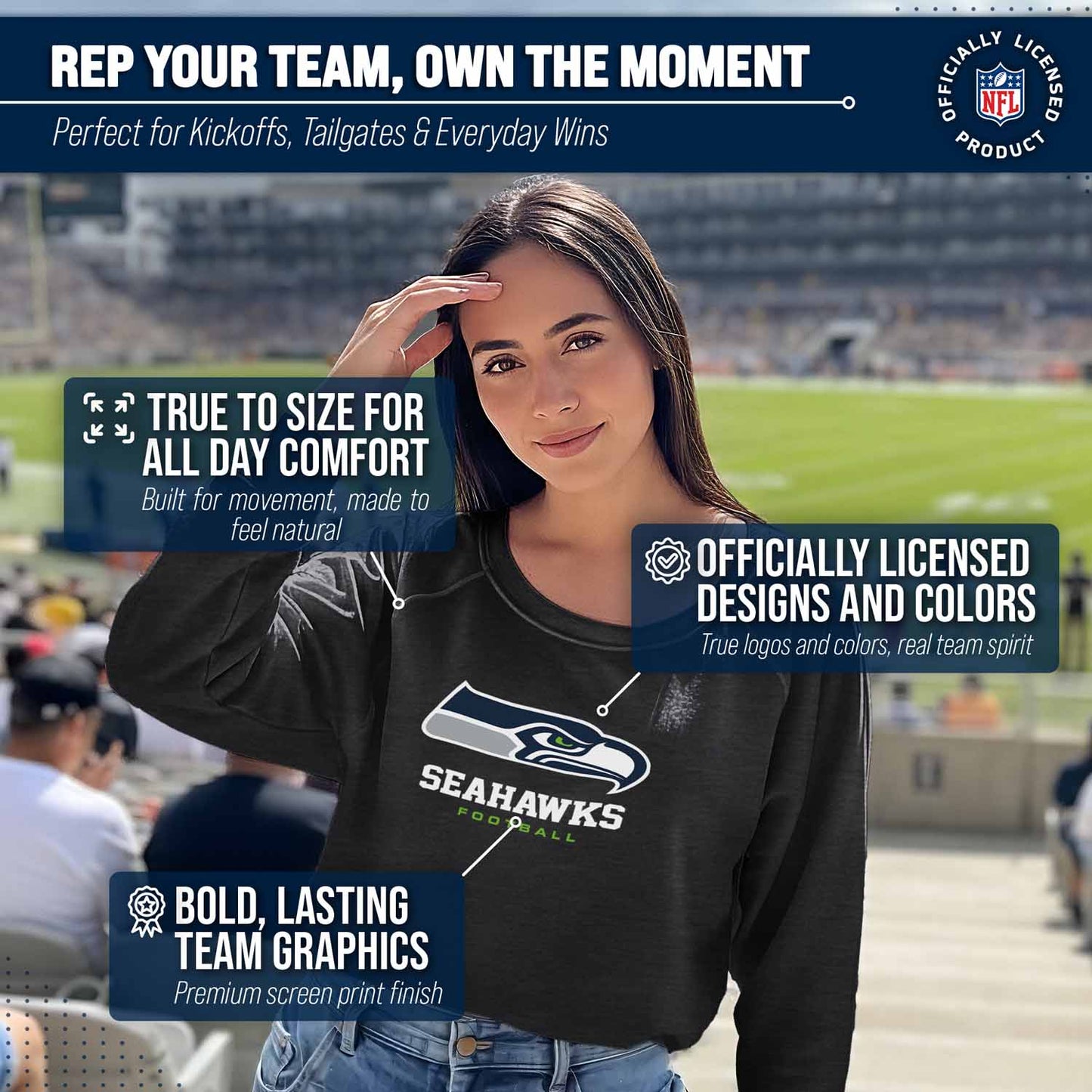 Seattle Seahawks NFL Womens Ultimate Fan French Terry Slouchy Top- Raglan Sleeves - Charcoal