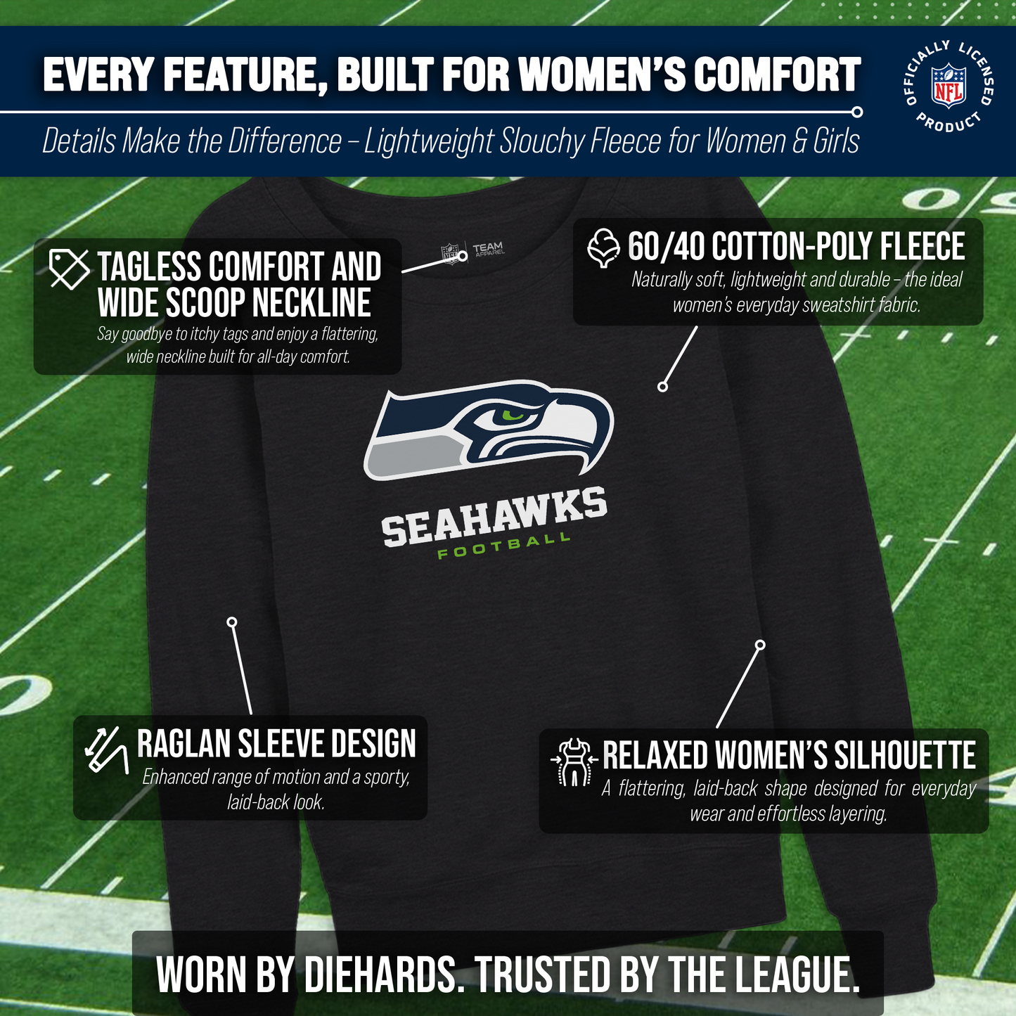 Seattle Seahawks NFL Womens Ultimate Fan French Terry Slouchy Top- Raglan Sleeves - Charcoal