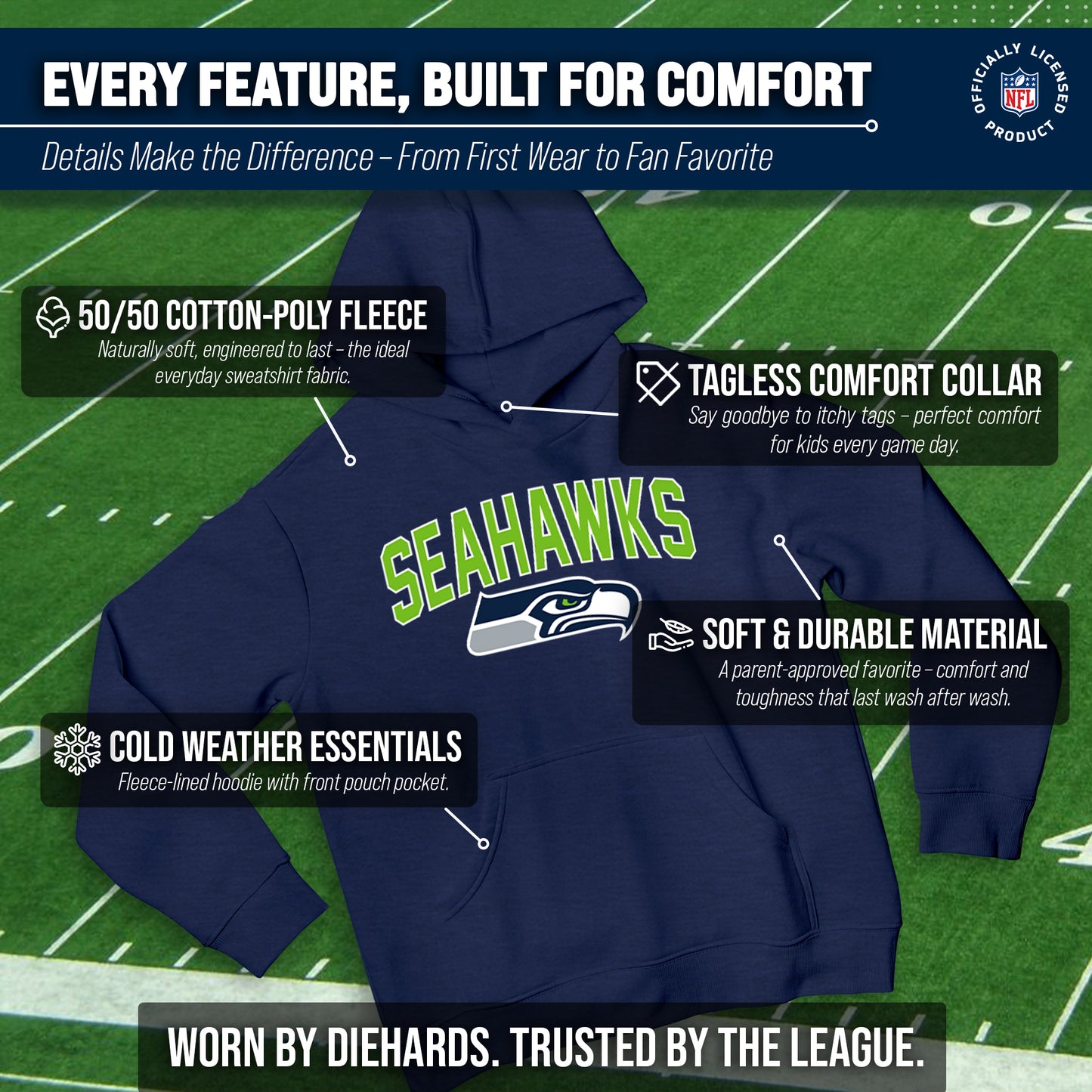 Seattle Seahawks NFL Youth Home Team Hoodie- Kids Hooded Sweatshirt - Navy