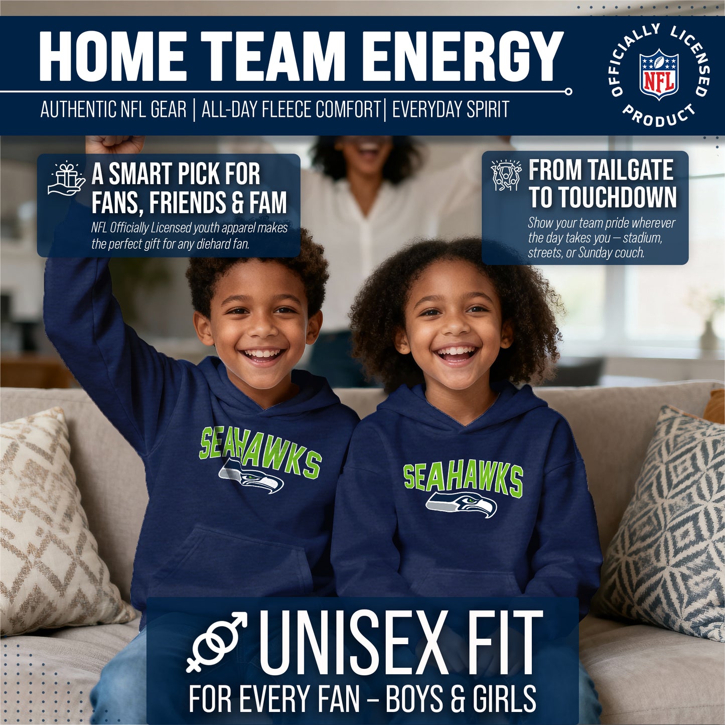 Seattle Seahawks NFL Youth Home Team Hoodie- Kids Hooded Sweatshirt - Navy