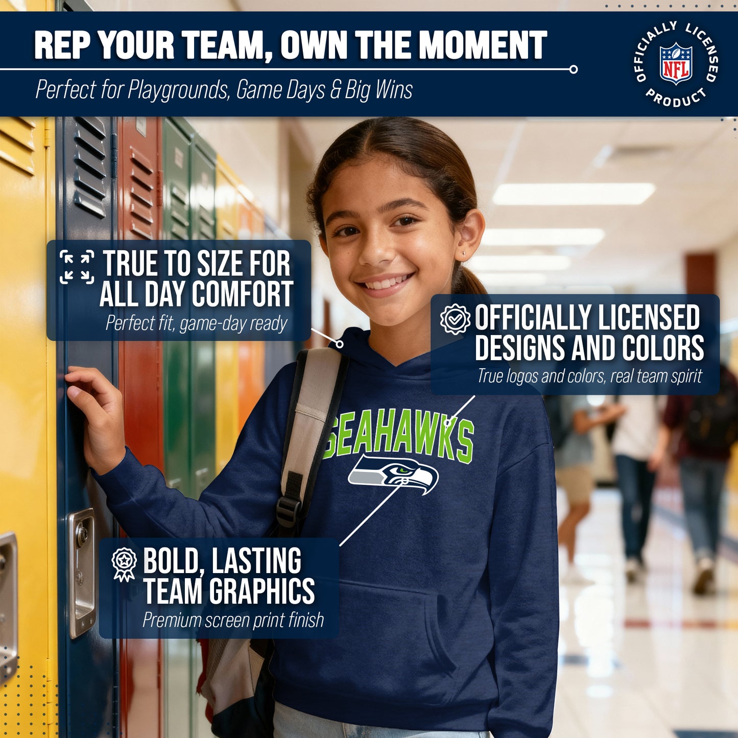 Seattle Seahawks NFL Youth Home Team Hoodie- Kids Hooded Sweatshirt - Navy