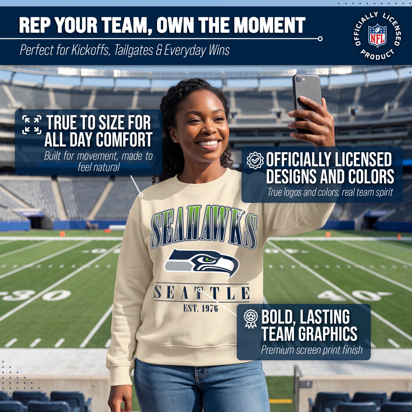 Seattle Seahawks Womens NFL Starstruck Crewneck Pullover - Cream